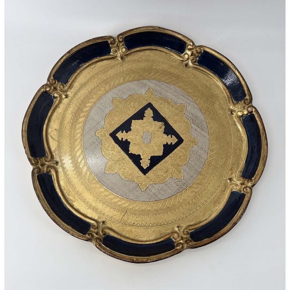 Vintage Italian Florentine Wood Tray 16" Round Gold Gilt Navy Blue Scalloped